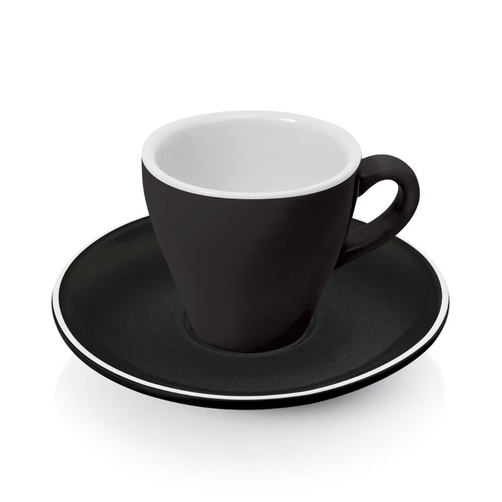 Set 6 cesti negre espresso 90 ml. Ø6,5 cm cu farfurioara Ø12,5 cm, portelan horeca