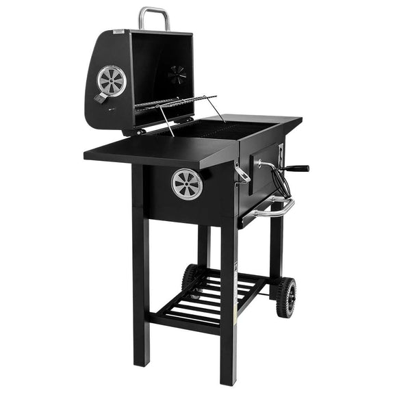 Grill de gradina pe carbune cu capac si gratar emailat 2x masuta laterala 42x30 cm