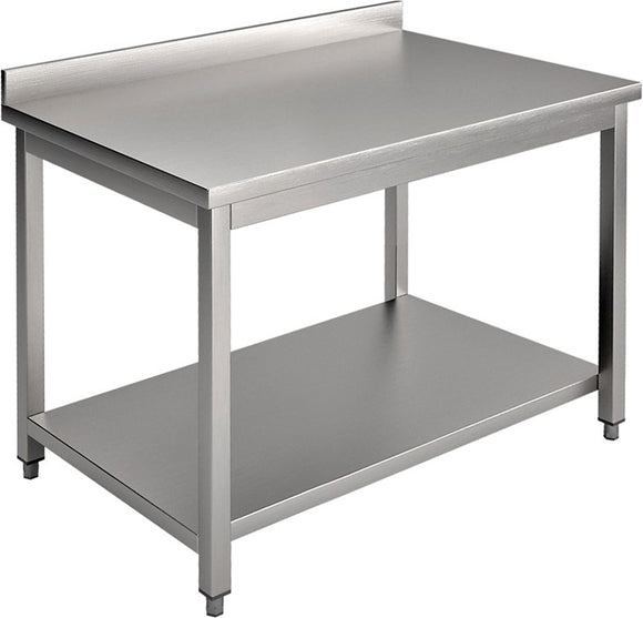 Masa inox, 900 x 700 x H850 mm. cu o polita, inaltator la perete