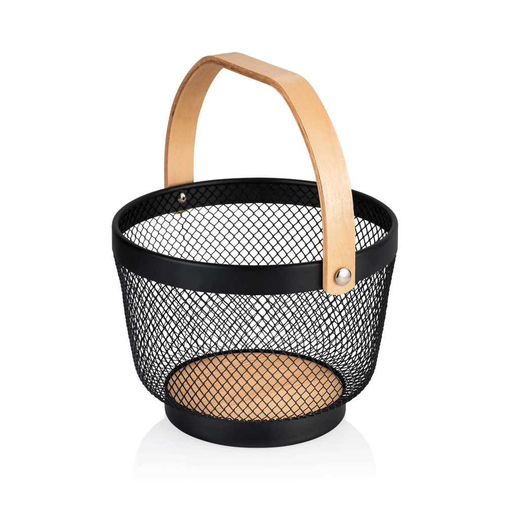 Cos, 28 x 27 x 18,5 cm, metal vopsit negru in camp electrostatic, lemn