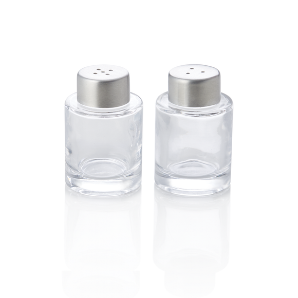 Set mini solnita/pipernita, Ø 4 cm, inaltime 6 cm, otel cromat nichel, 18/8, sticla