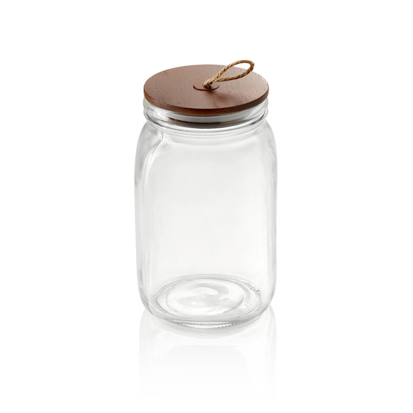 Borcan pentru depozitare cu capac si curea din lemn de salcam, 1,5 l, Ø 9 cm, inaltime 19,5 cm, sticla, lemn de salcam, silicon