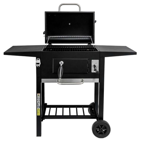 Grill de gradina pe carbune cu capac si gratar emailat 2x masuta laterala 42x30 cm