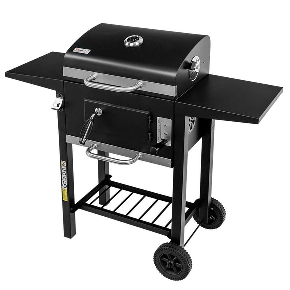 Grill de gradina pe carbune cu capac si gratar emailat 2x masuta laterala 42x30 cm