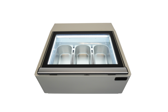 Vitrina inghetata, model de banc, expunere 3 cuve, -18 / -16ºC, iluminare LED, racire statica, putere 0.195 kW, clasa energetica B