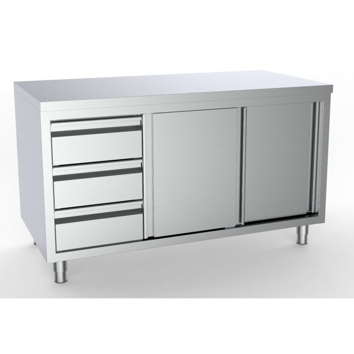 Masa inox tip dulap 1600 x 700 x H850 mm. cu usi glisante si 3 sertare GN 1/1 pe partea stanga