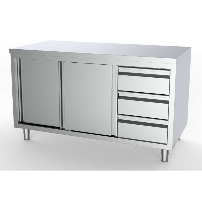 Masa inox tip dulap 2000 x 700 x H850 mm. cu usi glisante si 3 sertare GN 1/1 pe partea dreapta