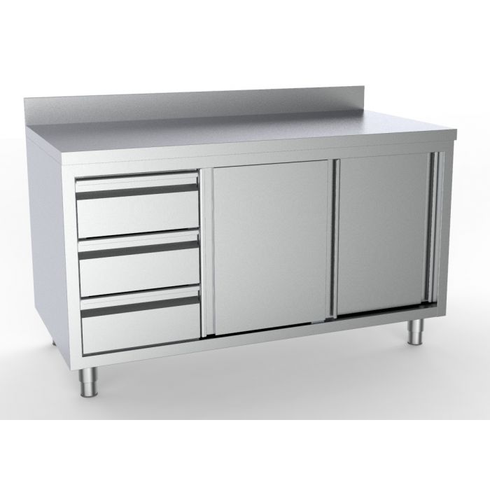 Masa inox tip dulap 1600 x 700 x H850 mm. cu usi glisante si 3 sertare GN 1/1 pe partea stanga, inaltator la perete