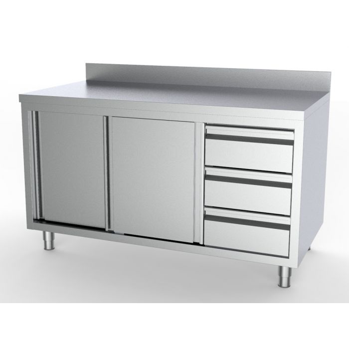 Masa inox tip dulap 1600 x 700 x H850 mm. cu usi glisante si 3 sertare GN 1/1 pe partea dreapta, inaltator la perete
