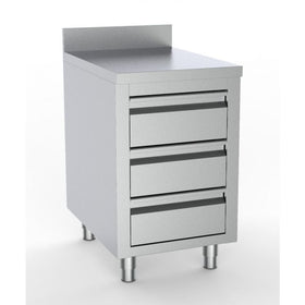 Masa inox tip dulap, 500 x 700 x H850 mm, cu 3 sertare GN 1/1, inaltator la perete
