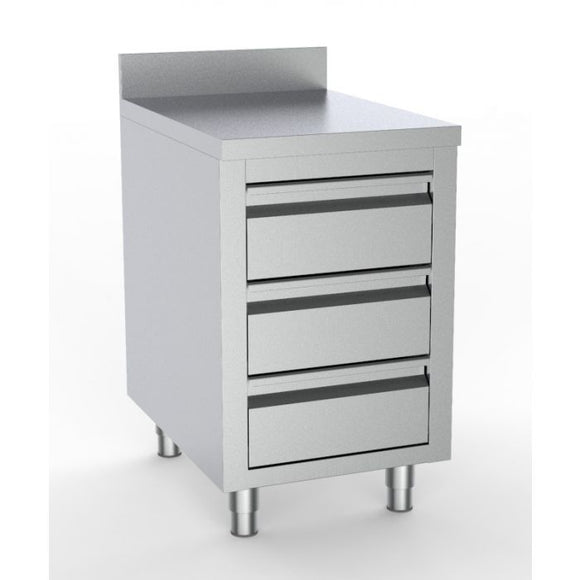 Masa inox tip dulap, 500 x 700 x H850 mm, cu 3 sertare GN 1/1, inaltator la perete
