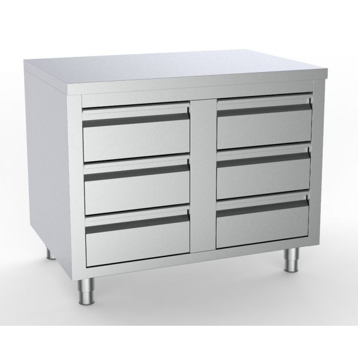 Masa inox tip dulap, 1000 x 700 x H850 mm., cu 6 sertare GN 1/1