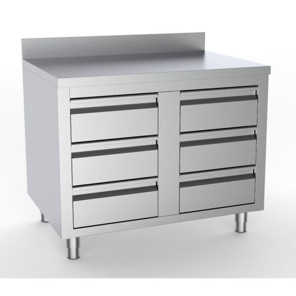 Masa inox tip dulap, 1000 x 700 x H850 mm., cu 6 sertare GN 1/1, inaltator la perete