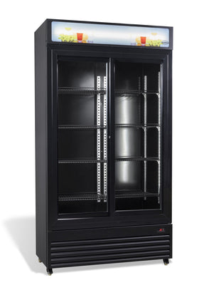 Vitrina frigorifica verticala, 780 Litri, racire ventilata, iluminare LED, culoare neagra, 2 usi culisante