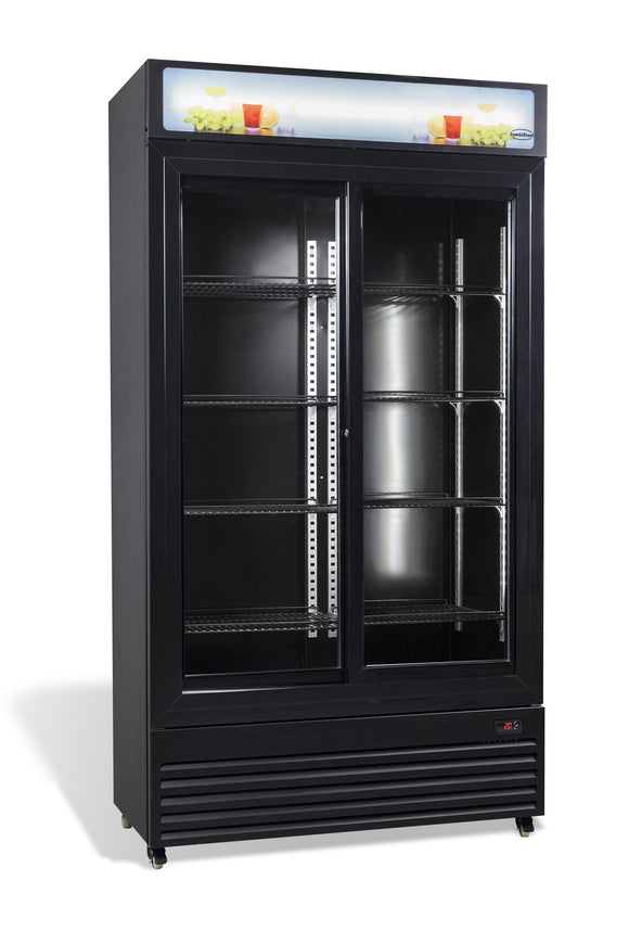 Vitrina frigorifica verticala, 780 Litri, racire ventilata, iluminare LED, culoare neagra, 2 usi culisante