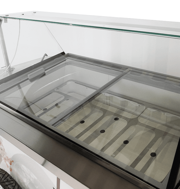 Carucior servire inghetata, expunere 9 cuve, -22/-15°C, racire statica, iluminare LED, cu spalator clesti, tejghea inox, clasa energetica A