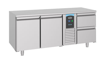 Masa refrigerata inox -2 8, 2 usi 2 sertare, 2 compartimente individuale, 474 Litri, racire ventilata, clasa energetica A