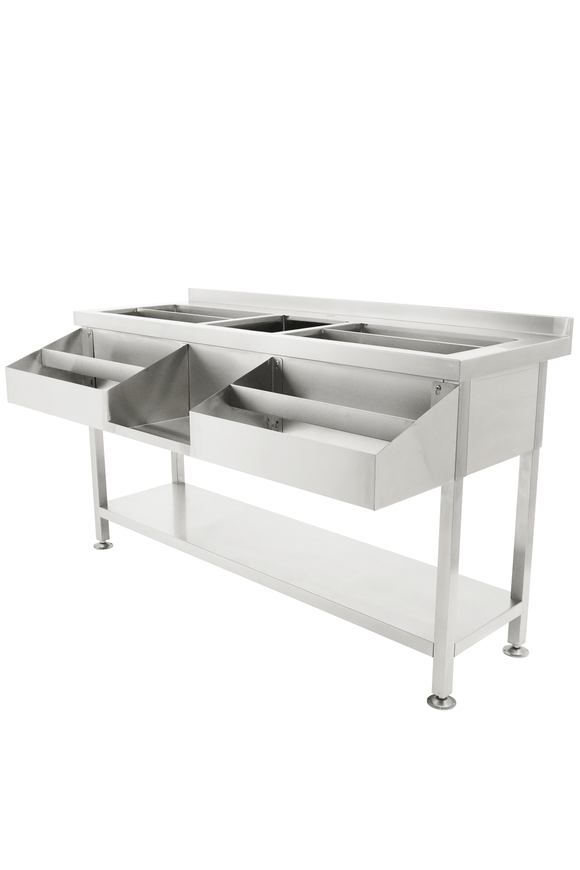 Cockatil bar station inox, 2 cuve de gheata divizate, 1 spalator, 160 cm latime