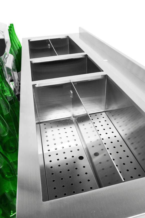 Cockatil bar station inox, 2 cuve de gheata divizate, 1 spalator, 160 cm latime