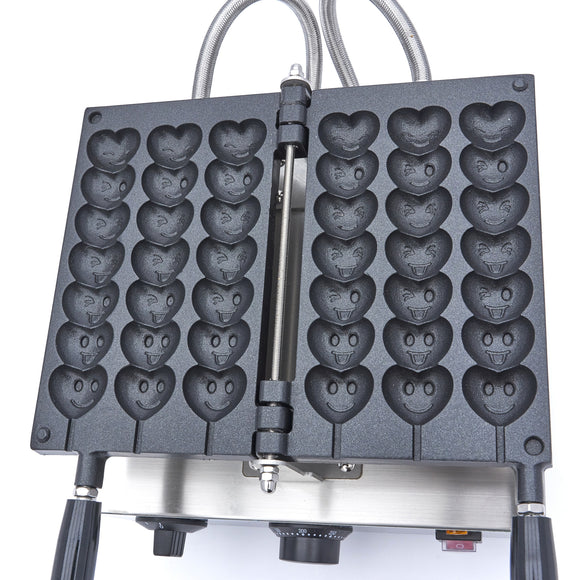 Aparat de copt vafe - 3 acadele inimioare cu emoticoane, dimensiuni vafe L14 x A4 x H2cm