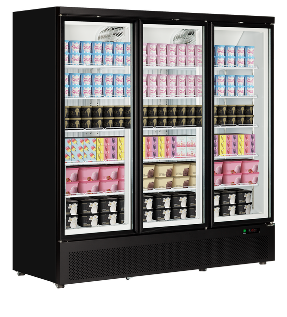 Atom Maxi F3DB-Negru RAL9005, 1090 l, -18 to -22, 3 uși din sticlă cu balama, Ventilat, LED, 1280 W, D