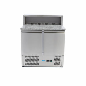 Banc refrigerat preprare pizza cu blat granit, 0C 10C, cu 2 usi, vitrina de ingrediante cu capac inox pentru 5 cuve GN 16