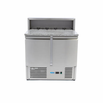 Banc refrigerat preprare pizza cu blat granit, 0C 10C, cu 2 usi, vitrina de ingrediante cu capac inox pentru 5 cuve GN 16