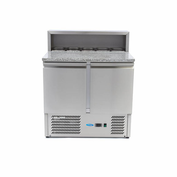 Banc refrigerat preprare pizza cu blat granit, 0C 10C, cu 2 usi, vitrina de ingrediante cu capac inox pentru 5 cuve GN 16