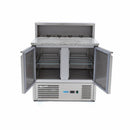 Banc refrigerat preprare pizza cu blat granit, 0C 10C, cu 2 usi, vitrina de ingrediante cu capac inox pentru 5 cuve GN 16