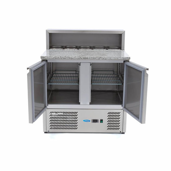 Banc refrigerat preprare pizza cu blat granit, 0C 10C, cu 2 usi, vitrina de ingrediante cu capac inox pentru 5 cuve GN 16