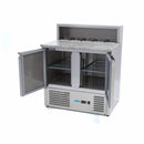 Banc refrigerat preprare pizza cu blat granit, 0C 10C, cu 2 usi, vitrina de ingrediante cu capac inox pentru 5 cuve GN 16
