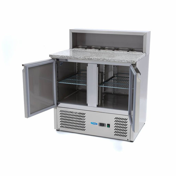 Banc refrigerat preprare pizza cu blat granit, 0C 10C, cu 2 usi, vitrina de ingrediante cu capac inox pentru 5 cuve GN 16