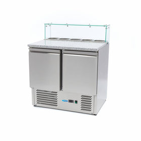 Banc refrigerat preprare pizza cu blat granit, 0C 10C, cu 2 usi, vitrina de ingrediante cu capac sticla pentru 5 cuve GN 16