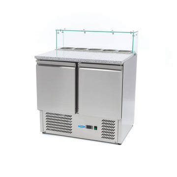 Banc refrigerat preprare pizza cu blat granit, 0C 10C, cu 2 usi, vitrina de ingrediante cu capac sticla pentru 5 cuve GN 16