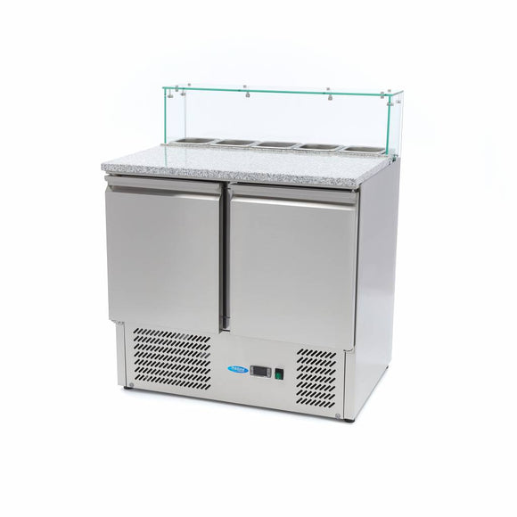Banc refrigerat preprare pizza cu blat granit, 0C 10C, cu 2 usi, vitrina de ingrediante cu capac sticla pentru 5 cuve GN 16