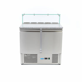Banc refrigerat preprare pizza cu blat granit, 0C 10C, cu 2 usi, vitrina de ingrediante cu capac sticla pentru 5 cuve GN 16