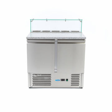 Banc refrigerat preprare pizza cu blat granit, 0C 10C, cu 2 usi, vitrina de ingrediante cu capac sticla pentru 5 cuve GN 16