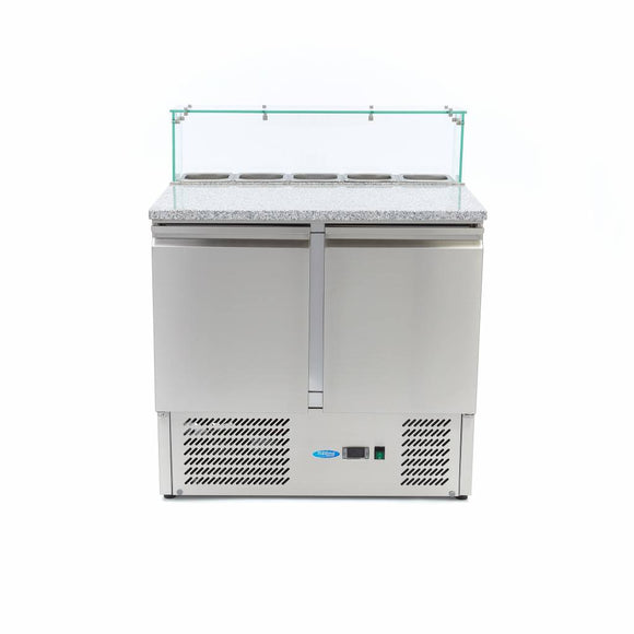 Banc refrigerat preprare pizza cu blat granit, 0C 10C, cu 2 usi, vitrina de ingrediante cu capac sticla pentru 5 cuve GN 16