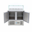 Banc refrigerat preprare pizza cu blat granit, 0C 10C, cu 2 usi, vitrina de ingrediante cu capac sticla pentru 5 cuve GN 16