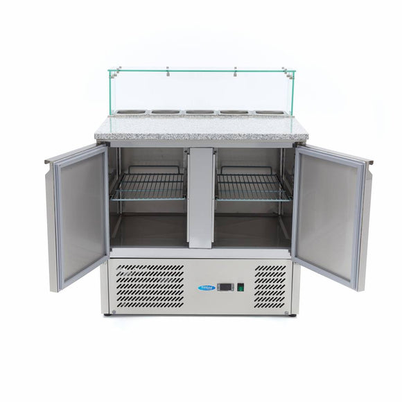 Banc refrigerat preprare pizza cu blat granit, 0C 10C, cu 2 usi, vitrina de ingrediante cu capac sticla pentru 5 cuve GN 16