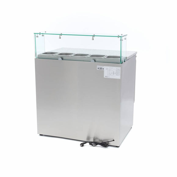Banc refrigerat preprare pizza cu blat granit, 0C 10C, cu 2 usi, vitrina de ingrediante cu capac sticla pentru 5 cuve GN 16