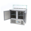 Banc refrigerat preprare pizza cu blat granit, 0C 10C, cu 2 usi, vitrina de ingrediante cu capac sticla pentru 5 cuve GN 16
