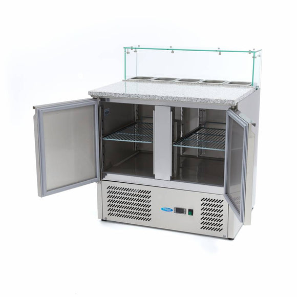Banc refrigerat preprare pizza cu blat granit, 0C 10C, cu 2 usi, vitrina de ingrediante cu capac sticla pentru 5 cuve GN 16