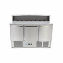 Banc refrigerat preprare pizza cu blat granit, 0C 10C, cu 3 usi, vitrina de ingrediante cu capac inox pentru 8 cuve GN 16