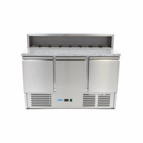 Banc refrigerat preprare pizza cu blat granit, 0C 10C, cu 3 usi, vitrina de ingrediante cu capac inox pentru 8 cuve GN 16