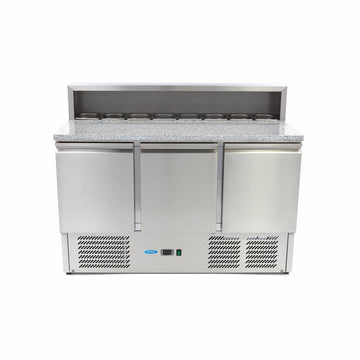 Banc refrigerat preprare pizza cu blat granit, 0C 10C, cu 3 usi, vitrina de ingrediante cu capac inox pentru 8 cuve GN 16