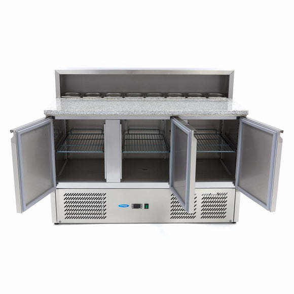 Banc refrigerat preprare pizza cu blat granit, 0C 10C, cu 3 usi, vitrina de ingrediante cu capac inox pentru 8 cuve GN 16