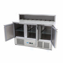 Banc refrigerat preprare pizza cu blat granit, 0C 10C, cu 3 usi, vitrina de ingrediante cu capac inox pentru 8 cuve GN 16
