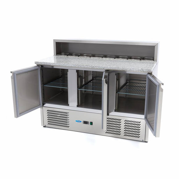 Banc refrigerat preprare pizza cu blat granit, 0C 10C, cu 3 usi, vitrina de ingrediante cu capac inox pentru 8 cuve GN 16
