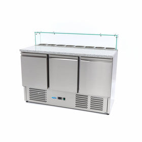 Banc refrigerat preprare pizza cu blat granit, 0C 10C, cu 3 usi, vitrina de ingrediante cu capac sticla pentru 8 cuve GN 16